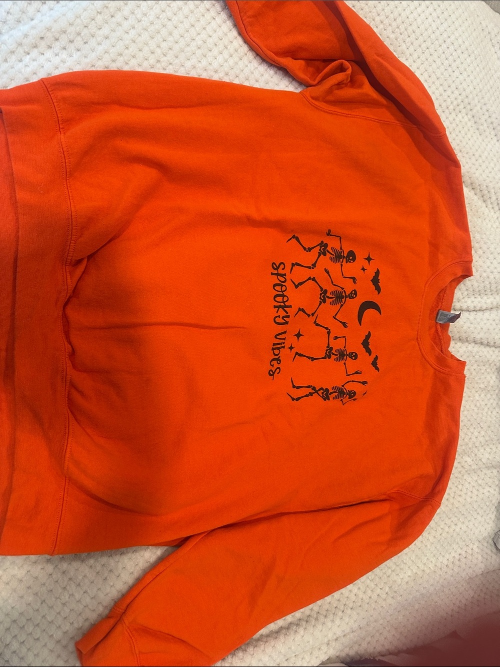 Gildan Orange Sweatshirt with Black Skeleton 'Spooky Vibes' Graphic